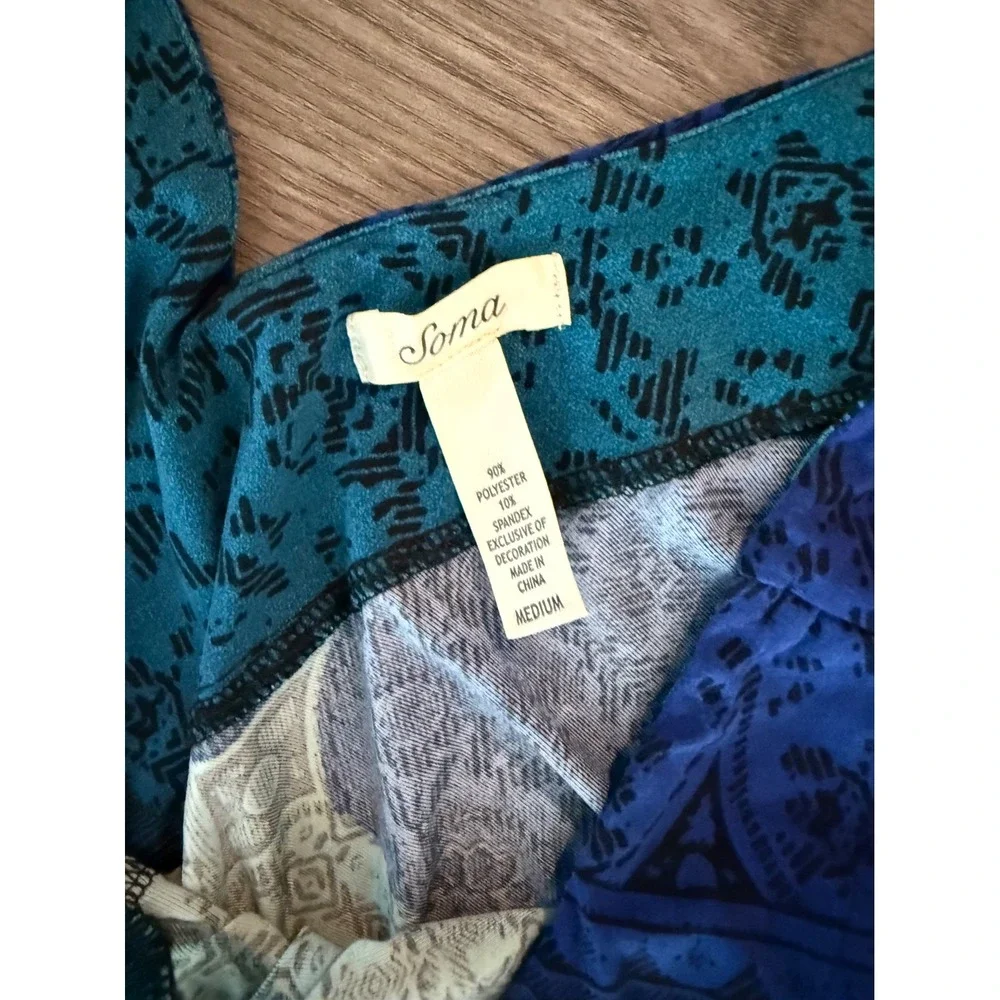 Soma Blue Teal Medallion Print Maxi Dress V-Neck Empire Waist size Medium